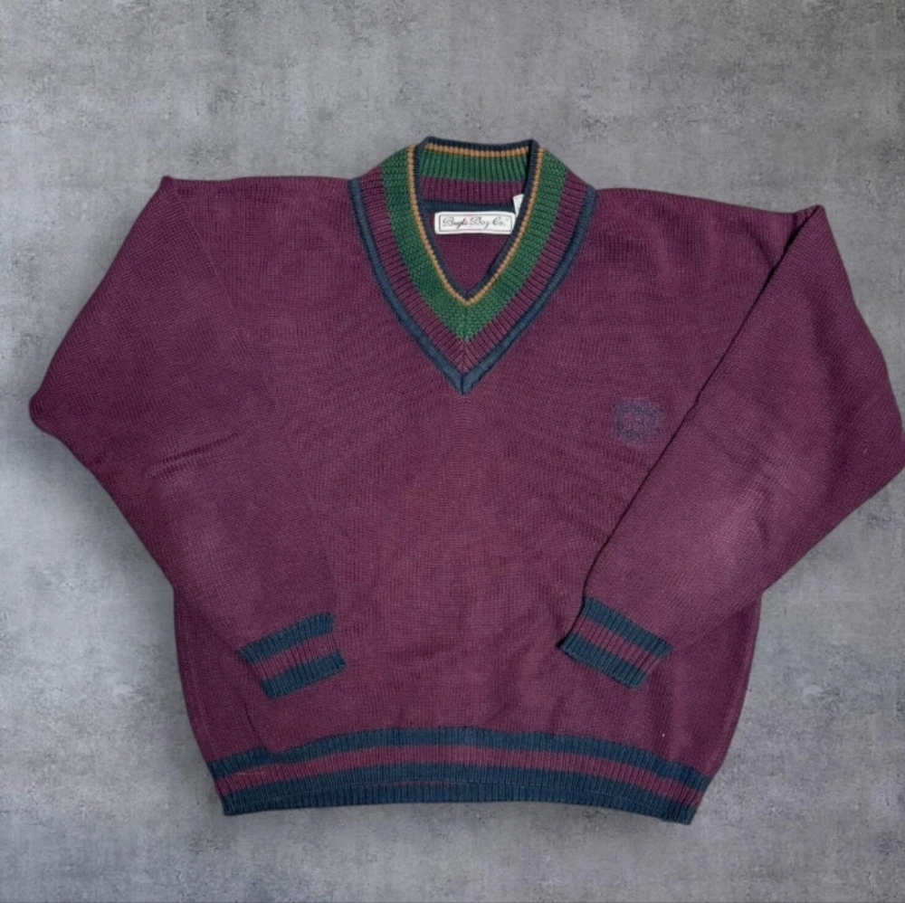 Bugle Boy‎ Purple V-Neck Sweater with Green and Blue Accents